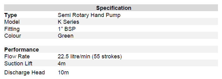 Hand Rotary Pump (K Series) Spec